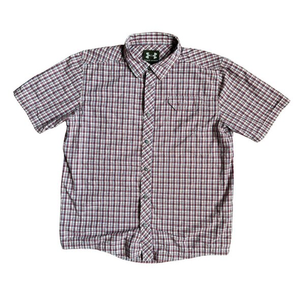 Under Armour Mens‎ XL Plaid Button Up Short Sleeve Shirt Cotton Blend Red Blue - Picture 1 of 7